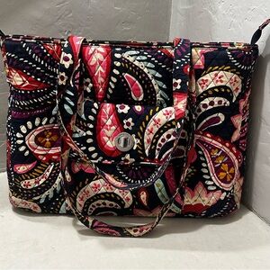 Vera Bradley Turnlock Tote Laptop Bag Work Painted Paisley Pattern Navy Floral